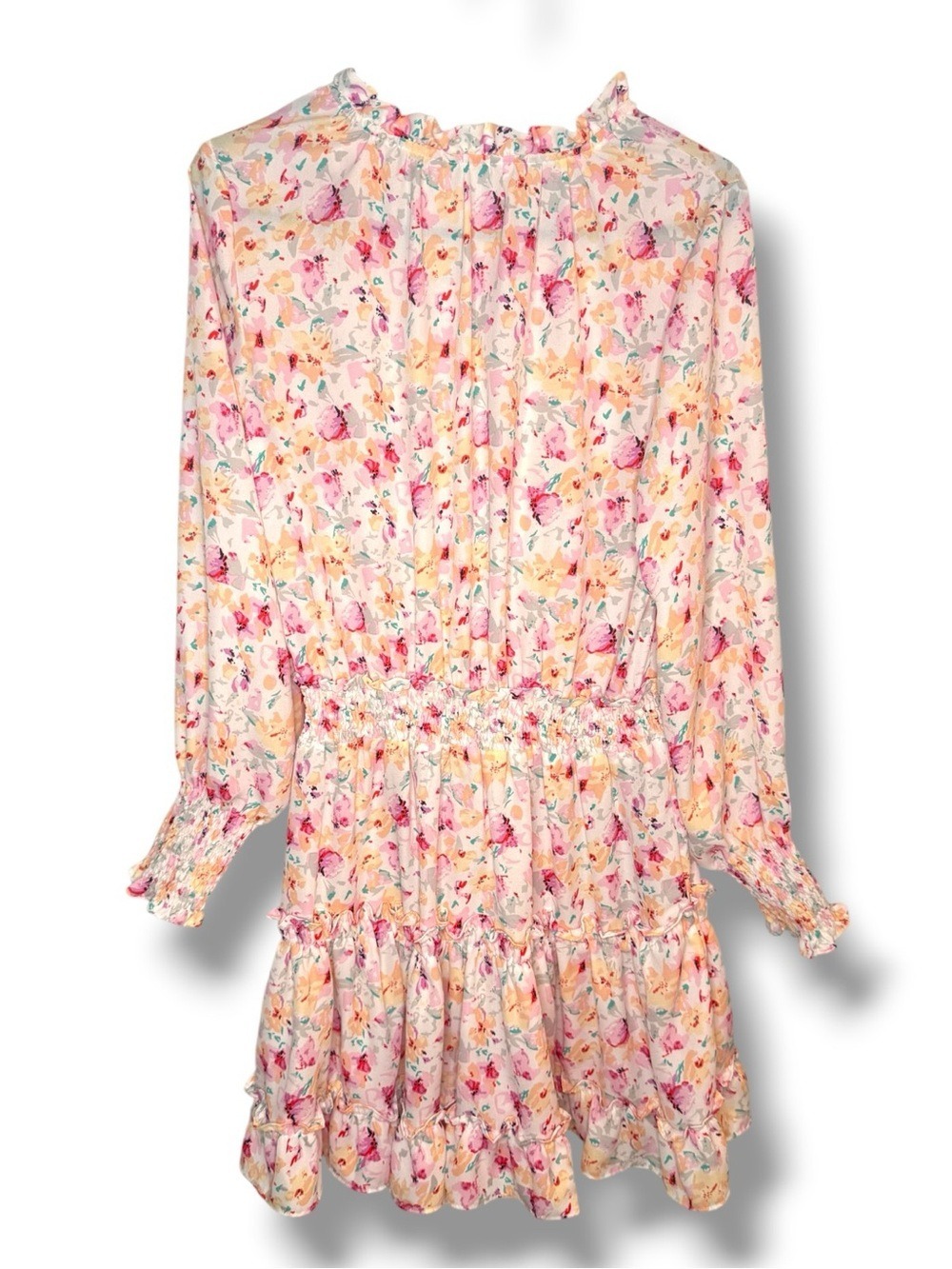 Vanilla Yellow Floral Mini Dress Long Sleeve Mock Neck Cream - Picture 4 of 11